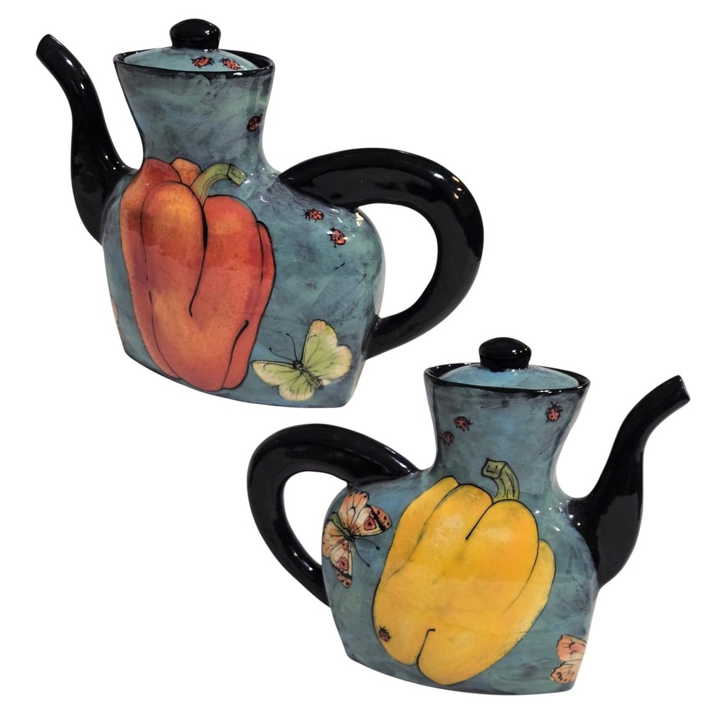 Rainbow Gate Pottery Santa Fe whimsical Teapot Peppers Butterfly Ladybugs Artsy